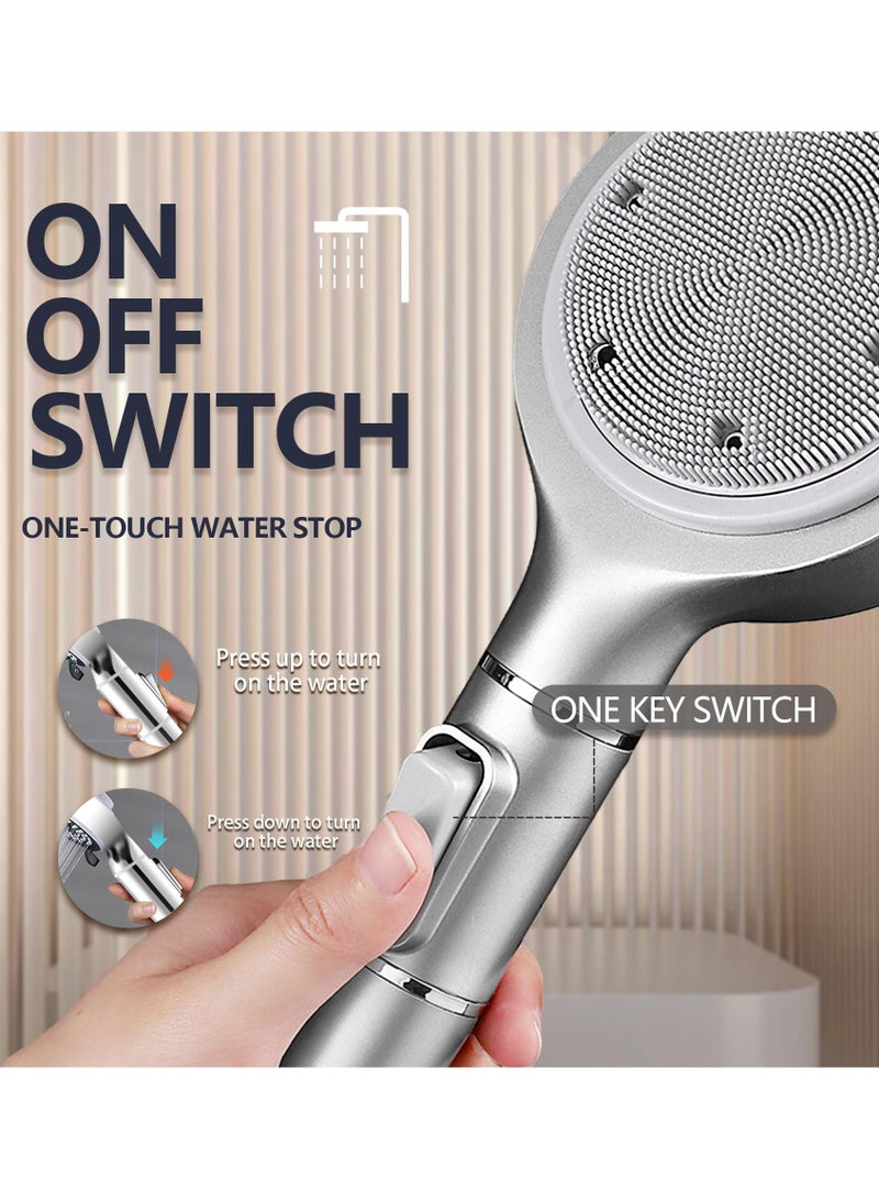 SOLARAE Shower Head with Filter, High Pressure Double-Sided Shower Head with Silicone Body Scrubber, Handheld Shower with On/Off Switch, 5 Spray Modes for Body and Hair Massage (Silver) - Image 4