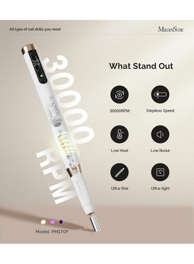 طقم مثقاب أظافر Pm170F للأظافر الأكريليكية، مبرد أظافر لاسلكي خفيف الوزن قابل لإعادة الشحن بسرعة 30000 دورة في الدقيقة و30 سرعة، مجموعة مانيكير وأظافر 6 في 1 مع رؤوس مثقاب أظافر وأشرطة صقل وأداة تلميع، أبيض