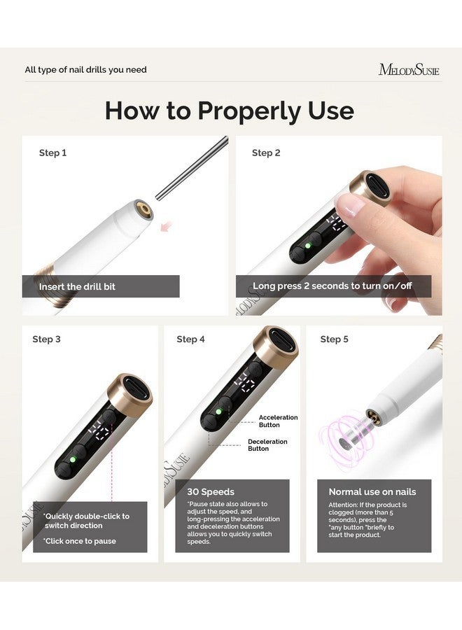 طقم مثقاب أظافر Pm170F للأظافر الأكريليكية، مبرد أظافر لاسلكي خفيف الوزن قابل لإعادة الشحن بسرعة 30000 دورة في الدقيقة و30 سرعة، مجموعة مانيكير وأظافر 6 في 1 مع رؤوس مثقاب أظافر وأشرطة صقل وأداة تلميع، أبيض