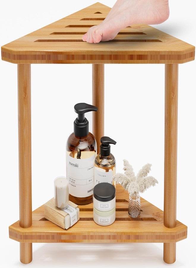 Ollieroo Bamboo Corner Shower Stool for Shaving Legs, 2-Tier Shower Stool for Inside Shower, Shower Foot Stool with Storage Shelf(Natual) - Image 1