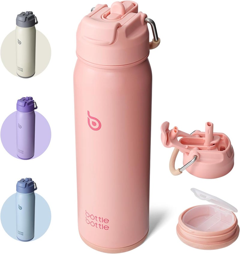 BOTTLE BOTTLE 24 oz Insulated Stainless Steel Sports Water Bottle with Straw and Pill Holder - Salmon - Image 1