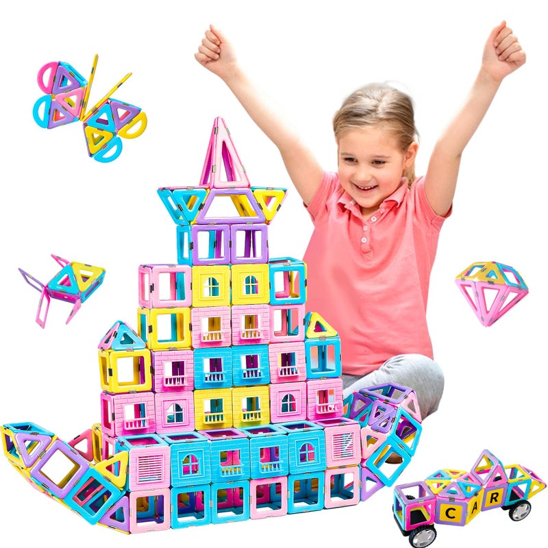 MAGBLOCK Magnetic Tiles with 2 Cars-156Pcs Magnet Toys Set for 3+ Year Old Boys Girls Toddlers, Idea for Girls Magnetic Blocks Building STEM Creativity Educational Toys for Kids - Image 1