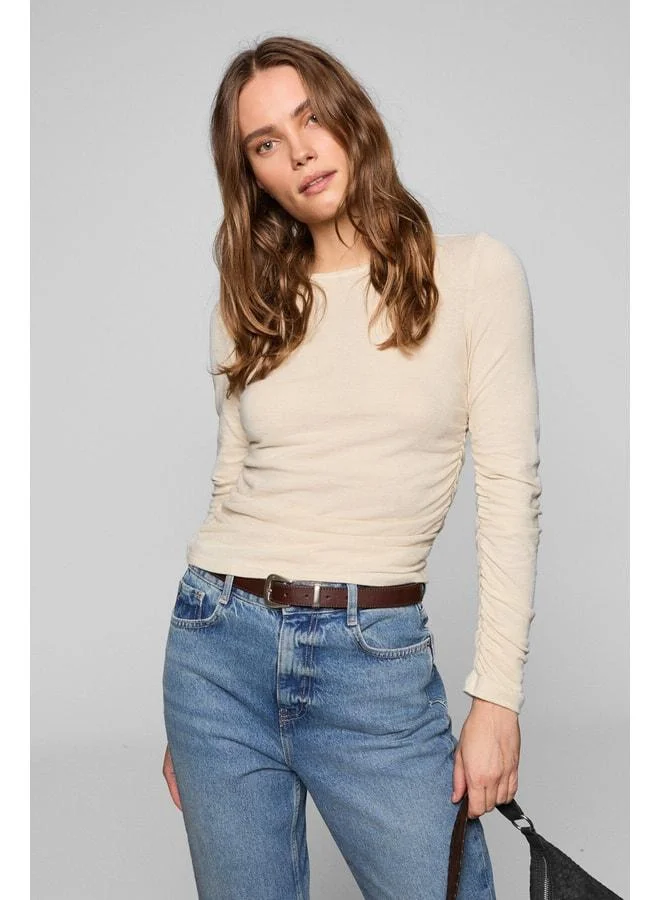 Ethiquet INSSAZA Women's Body-Hugging Gathered Slim Fit Stone-Colored Blouse.