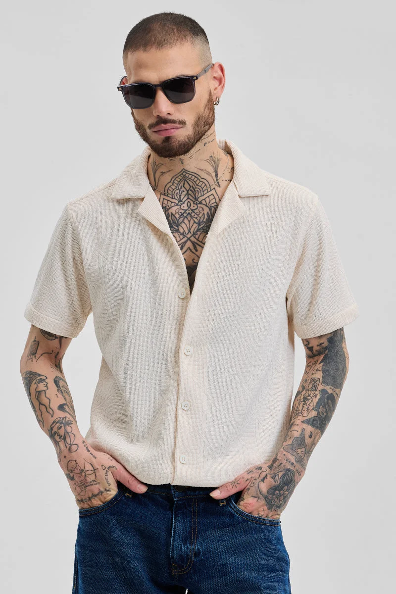سنيتش Cream Textured Half Sleeve Boxy Casual Shirt