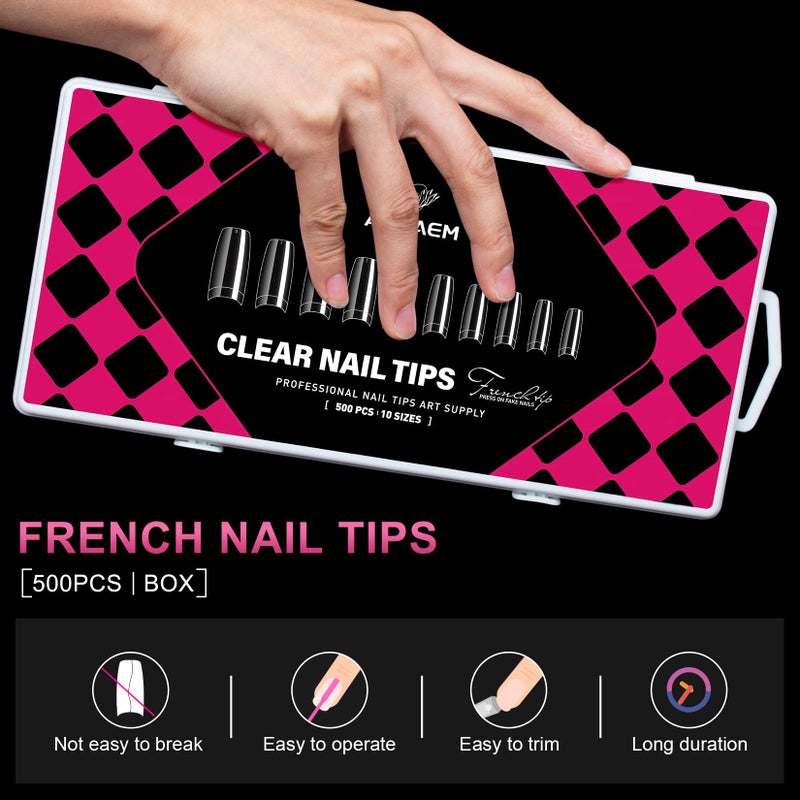 AORAEM Clear French Coffin Nails Tips 500 PCS 10 Sizes Half Cover Clear Nail Tips French Style Straight Nail Tips Acrylic Fake Nails with Box for Nail Salon Home DIY - Image 4