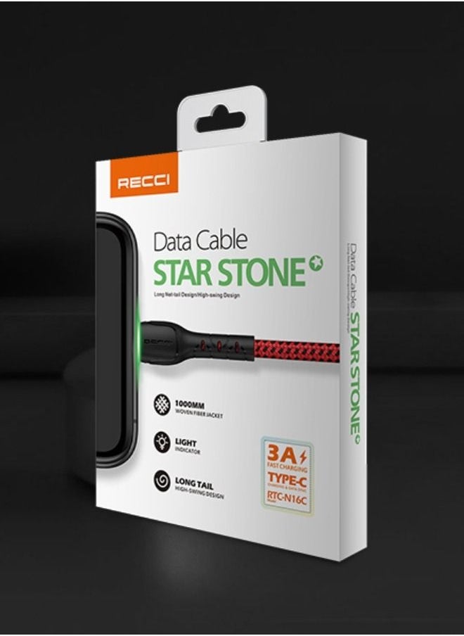 Recci - Data Cable Star Stone Series USB-A to USB-C, 100 cm Black-RTC-N16C-B - Image 1