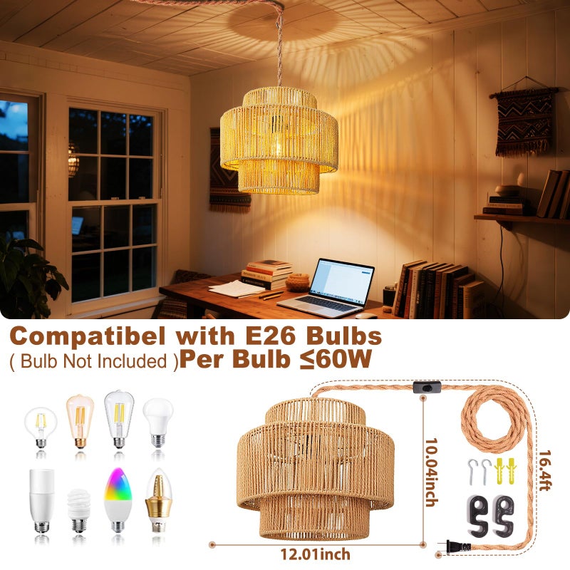 Maliralt Hanging Lamps Rattan Pendant Light - 16.4ft Plug in Cord Hanging Light Fixture Plug Into Wall Outlet Pendant Lighting with On Off Switch for Bedroom Living (Lantern Shade) - Image 4