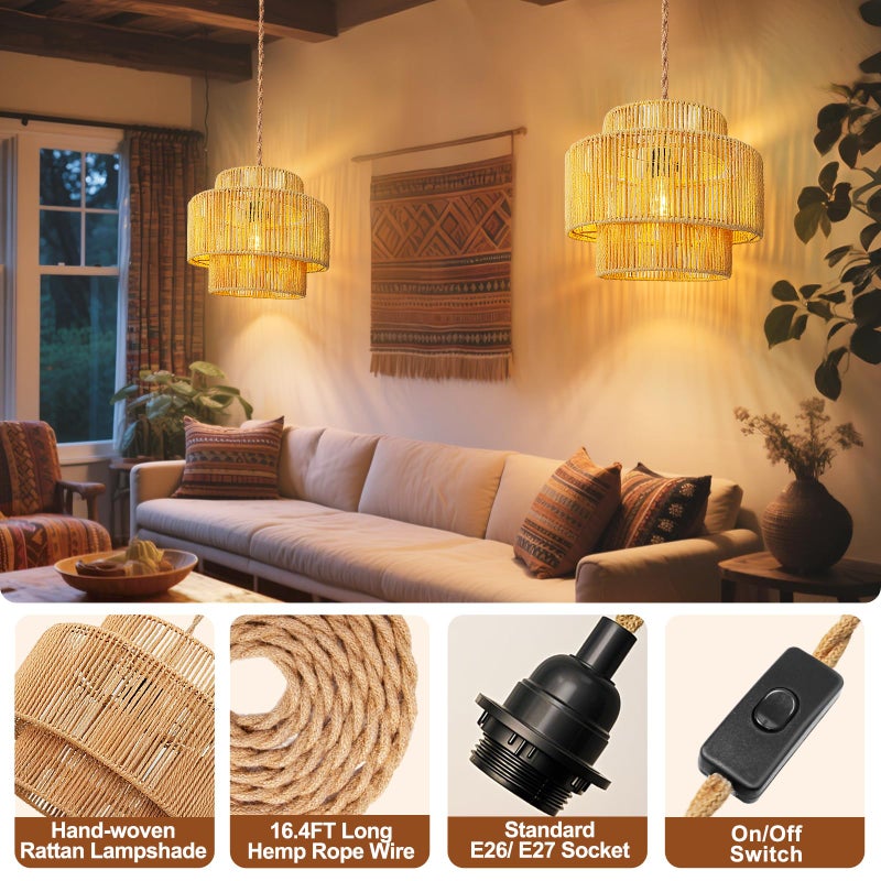 Maliralt Hanging Lamps Rattan Pendant Light - 16.4ft Plug in Cord Hanging Light Fixture Plug Into Wall Outlet Pendant Lighting with On Off Switch for Bedroom Living (Lantern Shade) - Image 2