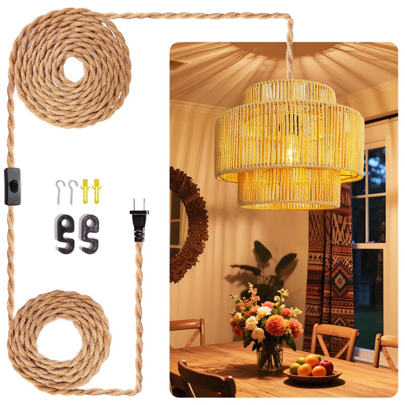 Maliralt Hanging Lamps Rattan Pendant Light - 16.4ft Plug in Cord Hanging Light Fixture Plug Into Wall Outlet Pendant Lighting with On Off Switch for Bedroom Living (Lantern Shade) - Image 1