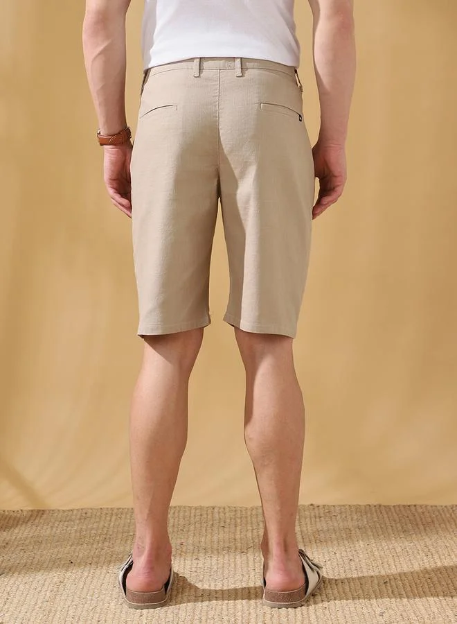 Dennis Lingo  Men's Beige 100% Cotton Solid Pattern Knee Length Bermuda Regular Fit Shorts for Men | Best Price UAE