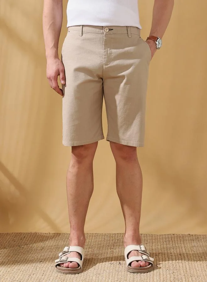 Dennis Lingo  Men's Beige 100% Cotton Solid Pattern Knee Length Bermuda Regular Fit Shorts for Men | Best Price UAE