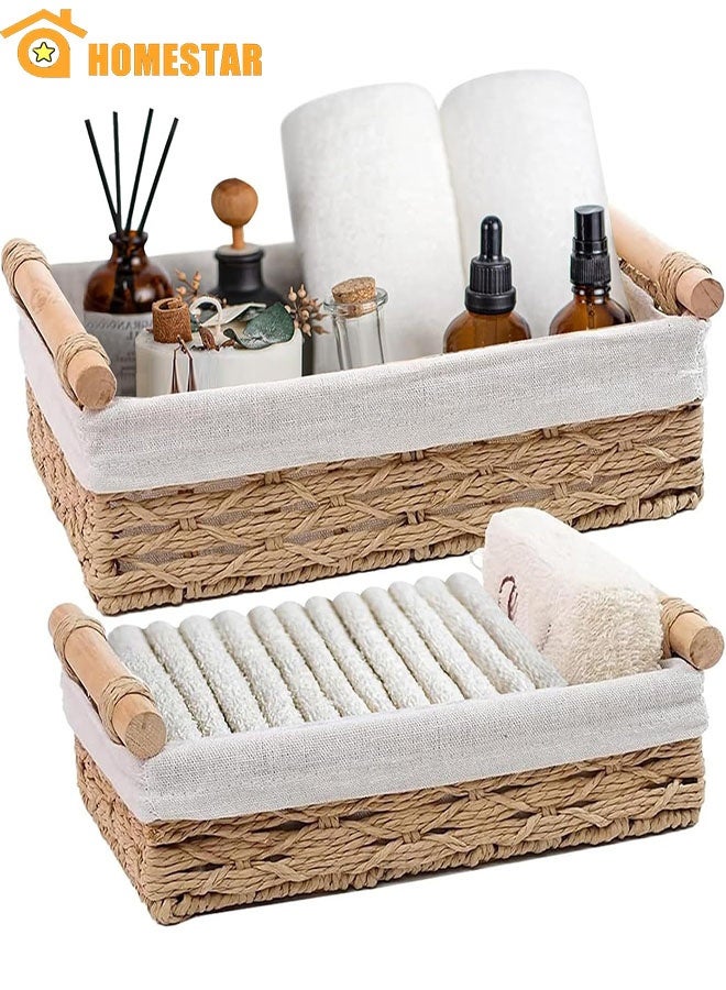هومستر مجموعة من 2 سلال صغيرة من الخشب للرفوف ، لتنظيم مع بطانة الألياف الطبيعية ، تخزين المرحاض ، قمة خزان المرحاض ، البيج - Image 1