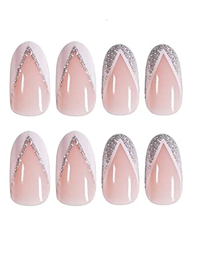SYOSI Nail Patches Silver Side StyleFake Nails Short Press on Nails Square Crystal False Nails Prom Nails Full Cover Nails Tips 24pcs for Women and Girls et Shipped Without Glue  - Image 1