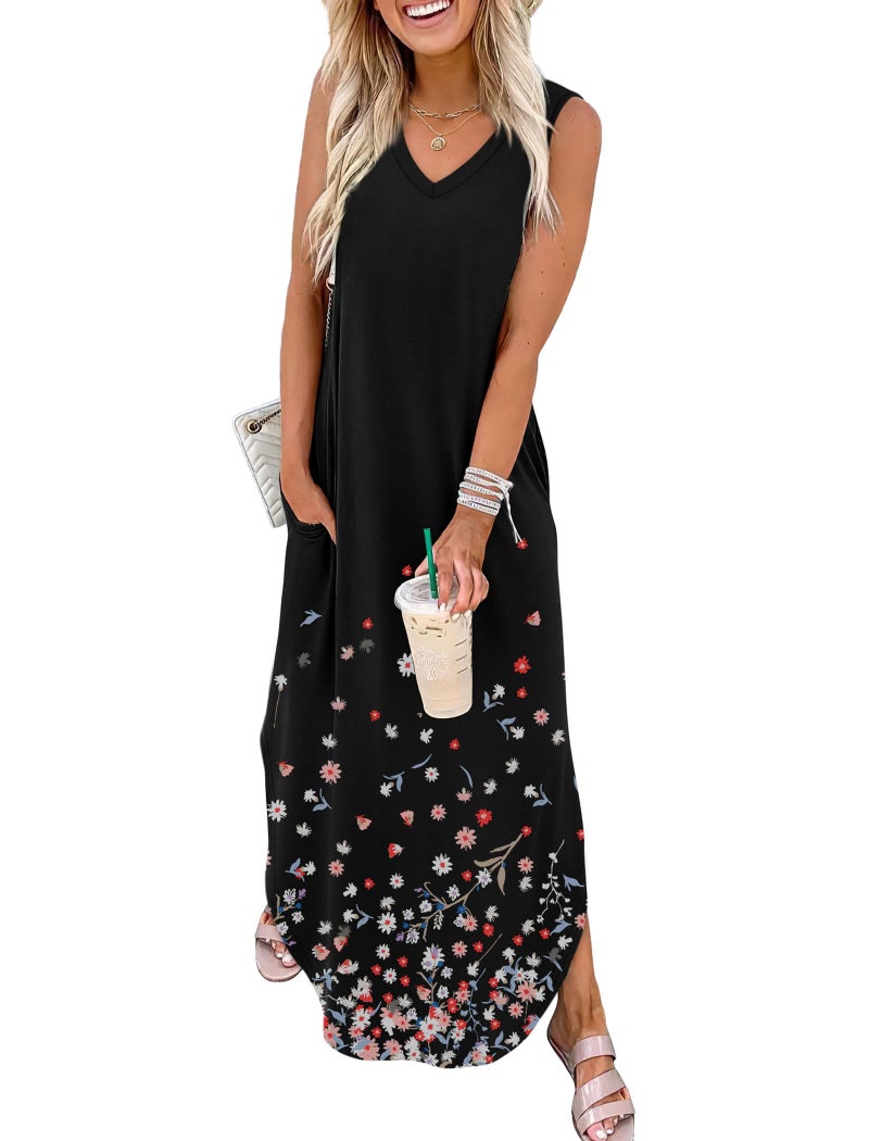 Sampeel Plus Size Dresses for Women 2025 Loose Fit Sleeveless Sundresses with Pockets Floral Black Flowers XXL - Image 1