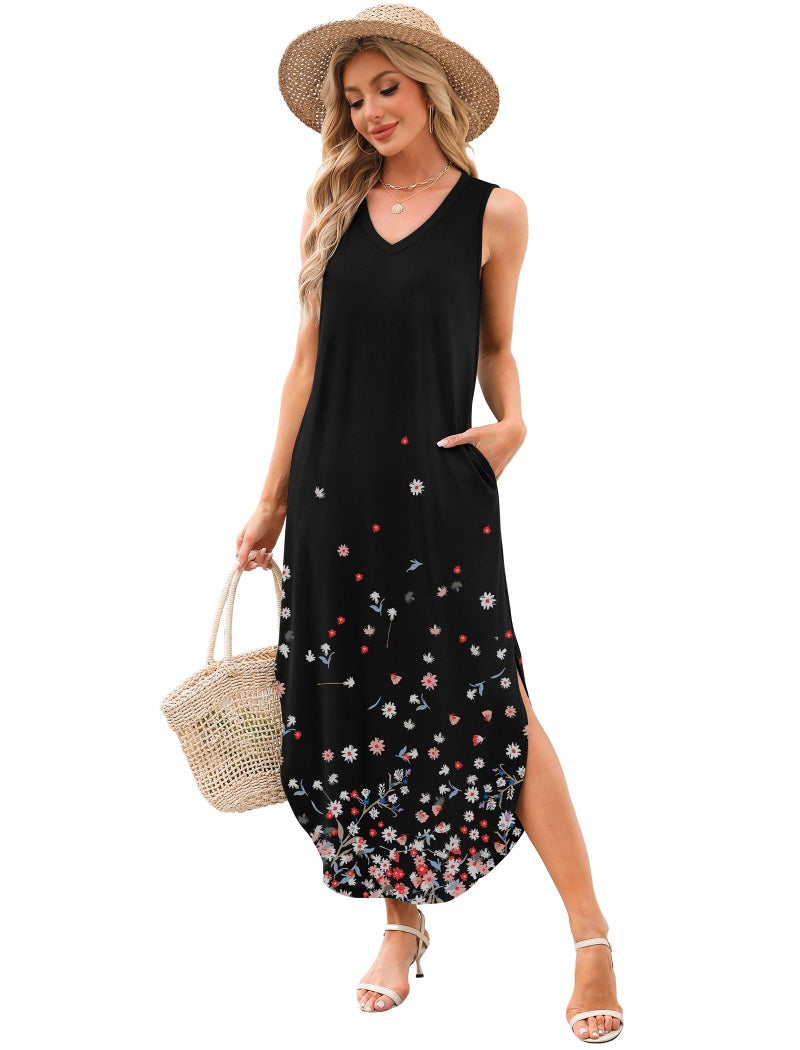 Sampeel Plus Size Dresses for Women 2025 Loose Fit Sleeveless Sundresses with Pockets Floral Black Flowers XXL - Image 5