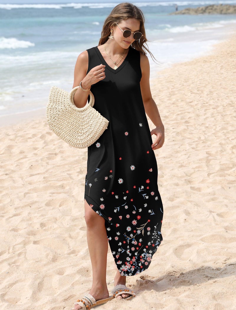 Sampeel Plus Size Dresses for Women 2025 Loose Fit Sleeveless Sundresses with Pockets Floral Black Flowers XXL - Image 2