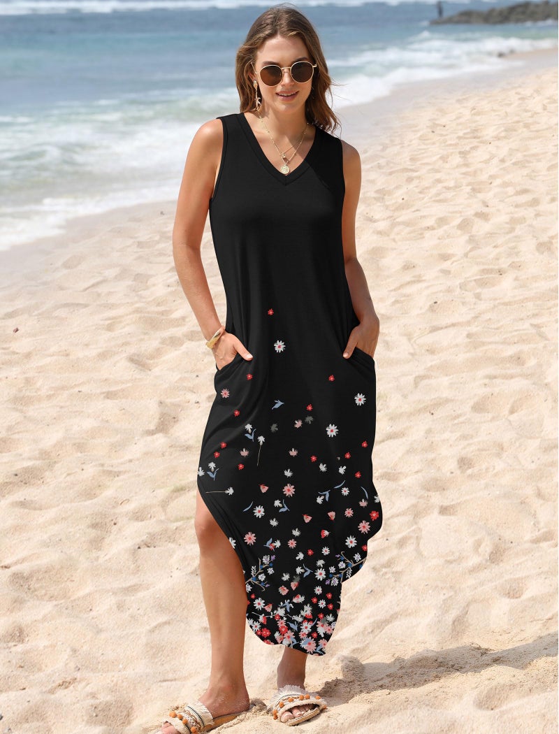 Sampeel Plus Size Dresses for Women 2025 Loose Fit Sleeveless Sundresses with Pockets Floral Black Flowers XXL - Image 3