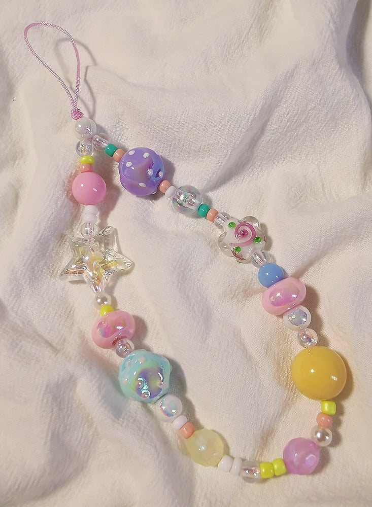 لغة سلسلة هاتف مزينة بالخرز، حبل معصم على شكل سوار، حبل تعليق لطيف للكاميرا، إكسسوارات يدوية لتزيين غلاف الهاتف (زهور، نجوم) - Image 1