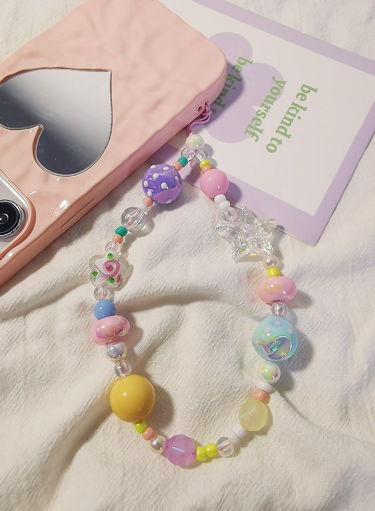 لغة سلسلة هاتف مزينة بالخرز، حبل معصم على شكل سوار، حبل تعليق لطيف للكاميرا، إكسسوارات يدوية لتزيين غلاف الهاتف (زهور، نجوم) - Image 2