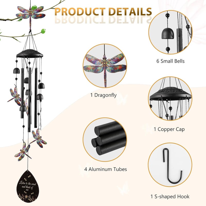 ALLOMN Dragonfly Wind Chime for Outside, Alloy Material Windchimes Outdoors, Fun Black Wind Chimes, for Outdoor, Garden, Yard, Patio Decoration, Gifts for Mom Neighbor Friend Unisex, Up to 98 cm - Image 3