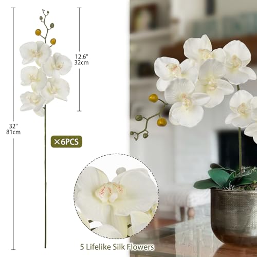 DILATATA 6PCS 32 Artificial Orchid Stems White Butterfly Orchid Faux Phalaenopsis Flowers for Home Wedding Centerpieces Office Table Decorations Real Touch Silk Orchids for DIY Floral Arrangements - Image 3