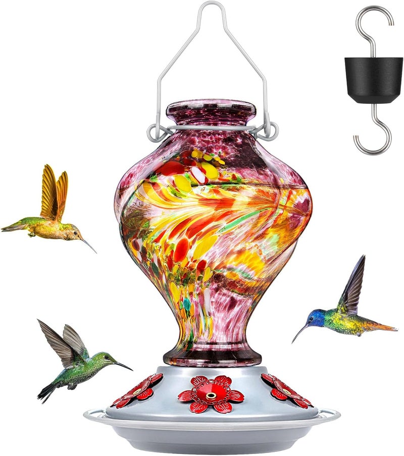 BOLITE Hummingbird Feeders for Outdoors Hanging, Glass Hummingbird Feeder, Hand Blown Twisted with Ant Moat and Five Feeding Ports, 24 Ounces, Leak Proof, Purple - Image 1