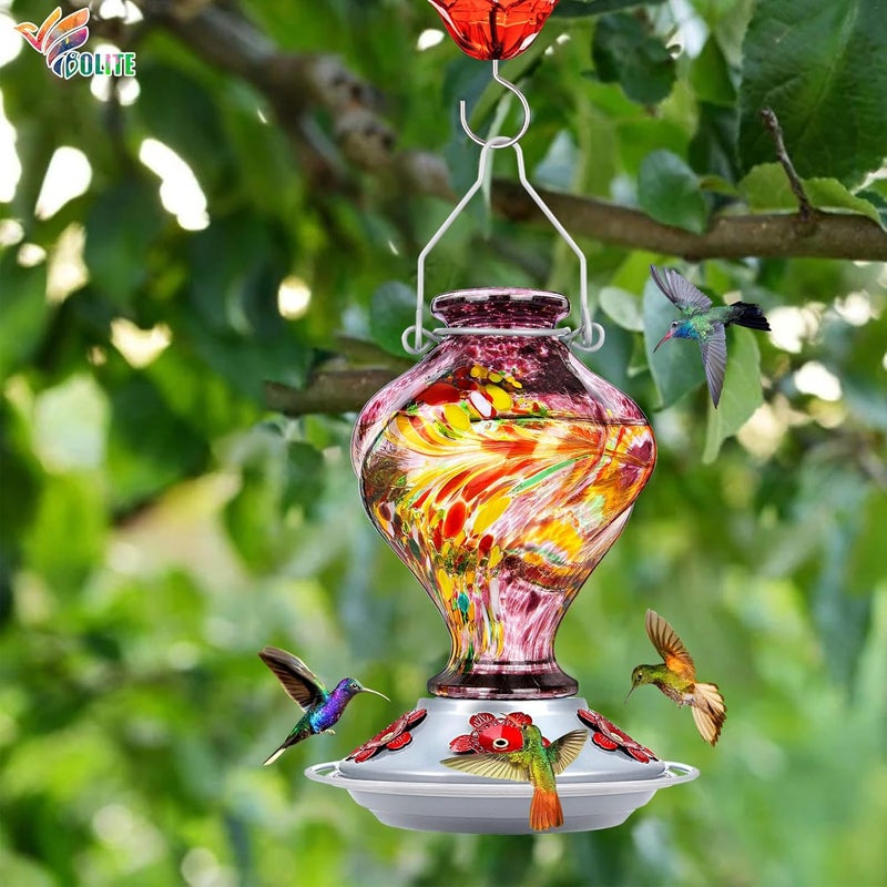BOLITE Hummingbird Feeders for Outdoors Hanging, Glass Hummingbird Feeder, Hand Blown Twisted with Ant Moat and Five Feeding Ports, 24 Ounces, Leak Proof, Purple - Image 2
