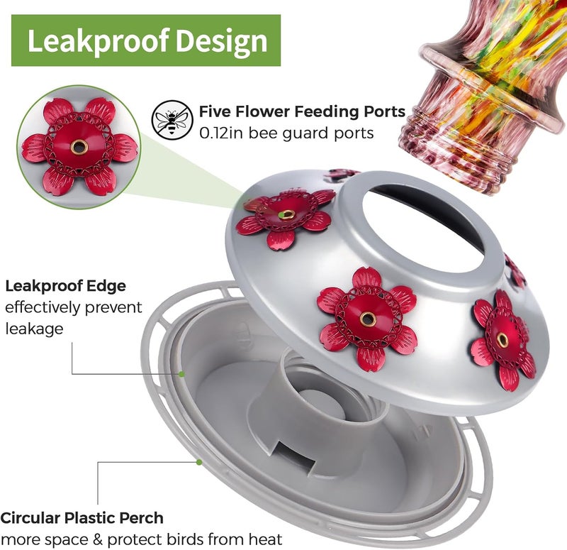 BOLITE Hummingbird Feeders for Outdoors Hanging, Glass Hummingbird Feeder, Hand Blown Twisted with Ant Moat and Five Feeding Ports, 24 Ounces, Leak Proof, Purple - Image 4