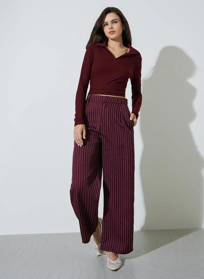 Take Two Burgundy Striped Wide Leg Trousers