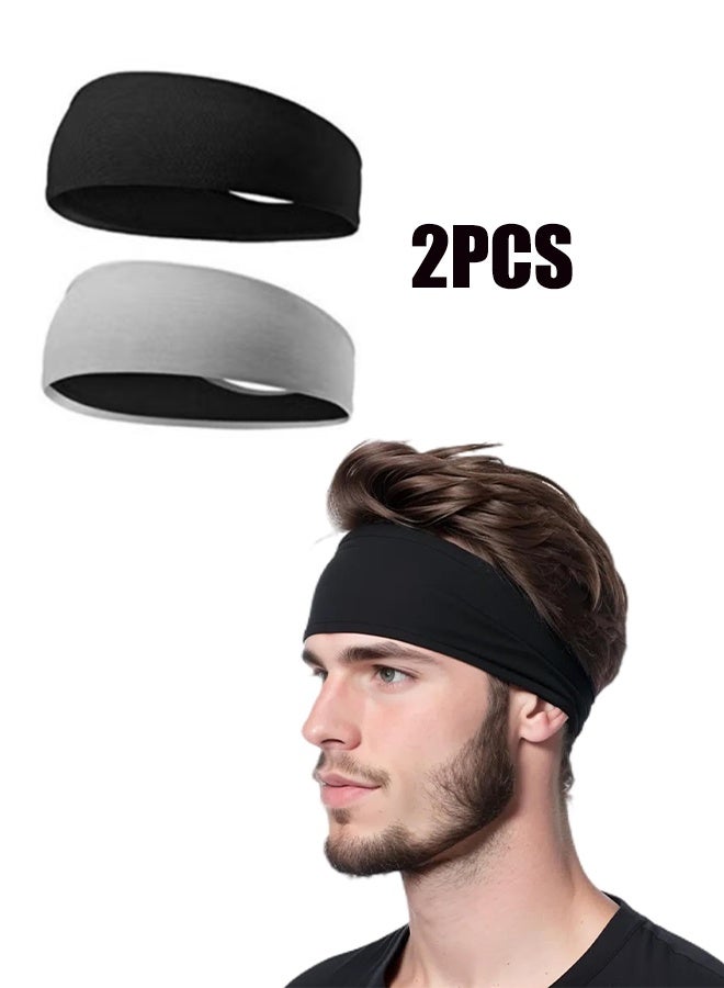 YJ Sports Headband, Men's & Women's Sports Headband 2 Pack, Moisture-wicking Belt Elastic Wide Headband, Running, Cycling, Basketball, Gym Workout, Soccer Black, Grey - Image 1