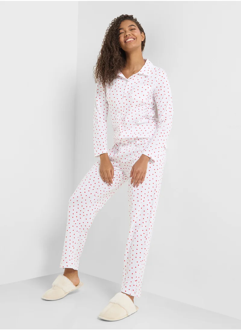 جينجر Cotton Heart Print Shirt & Pyjama Set