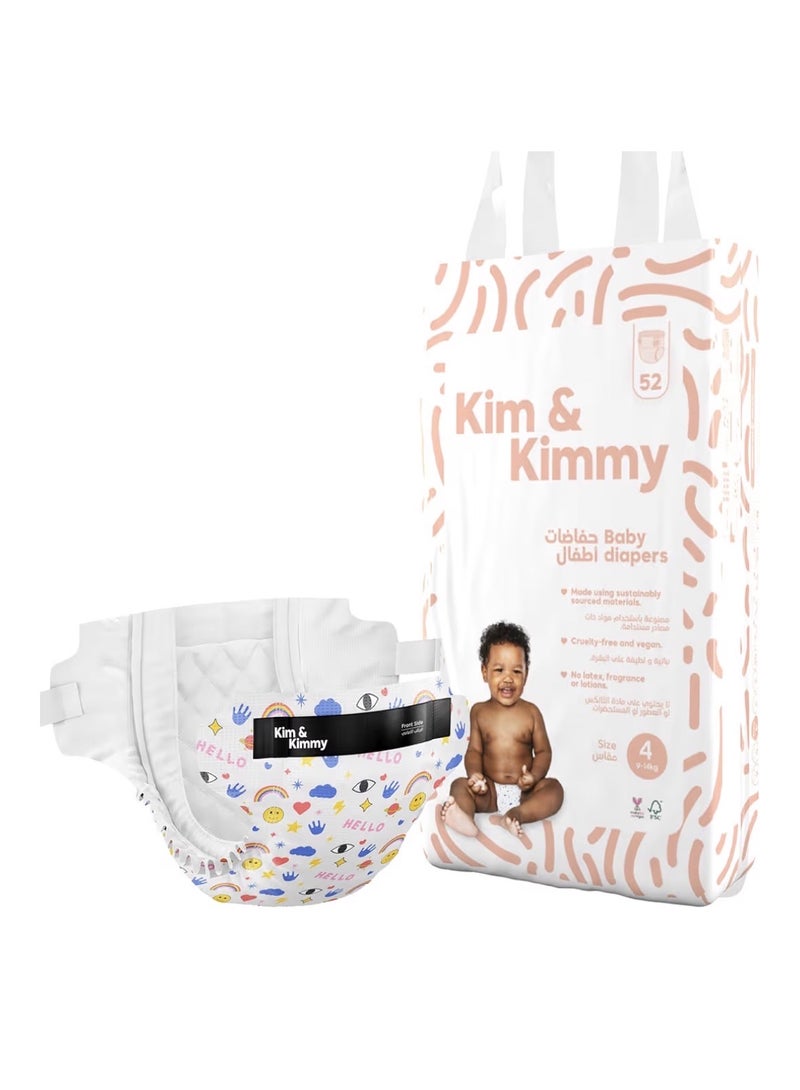 Kim & Kimmy Eco Diapers, Size 4, 9-14 kg, 52 Diapers - 12 Hour Leak Protection, No Rashes, Hypoallergenic, Ultra-Soft & Highly Absorbent - Cruelty Free & Vegan - Funny Icons - Image 1