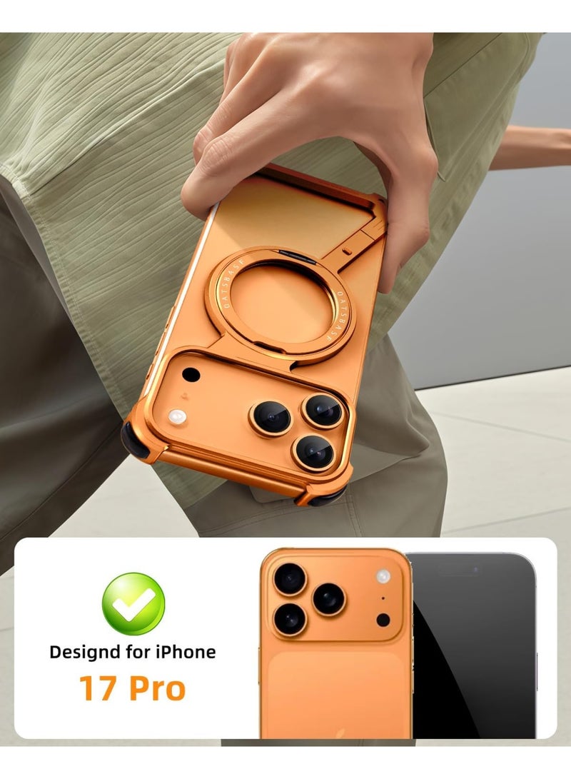 Oatsbasf for iPhone 17 Pro Case, 360° Rotation Kickstand Aluminum Metal Frameless Design Bumper Cover, Orange - Image 3