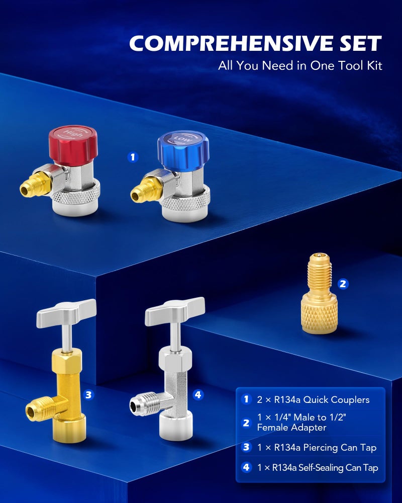 Orion Motor Tech AC Gauges, AC Manifold Gauge Set for R134a R12 R502 Refrigerant, 3 Way Car with 5FT Hoses Couplers & Adapter, Puncturing & Self Sealing Can Tap Freon Charge Kit - Image 3