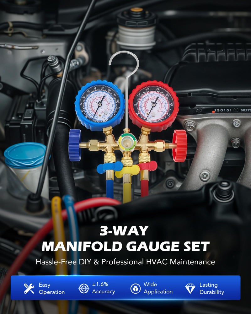 Orion Motor Tech AC Gauges, AC Manifold Gauge Set for R134a R12 R502 Refrigerant, 3 Way Car with 5FT Hoses Couplers & Adapter, Puncturing & Self Sealing Can Tap Freon Charge Kit - Image 2