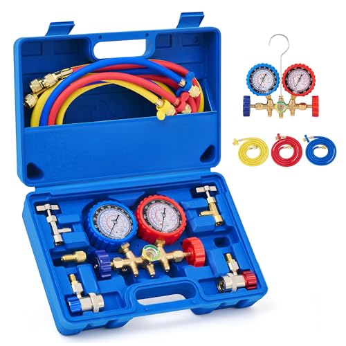 Orion Motor Tech AC Gauges, AC Manifold Gauge Set for R134a R12 R502 Refrigerant, 3 Way Car with 5FT Hoses Couplers & Adapter, Puncturing & Self Sealing Can Tap Freon Charge Kit - Image 1