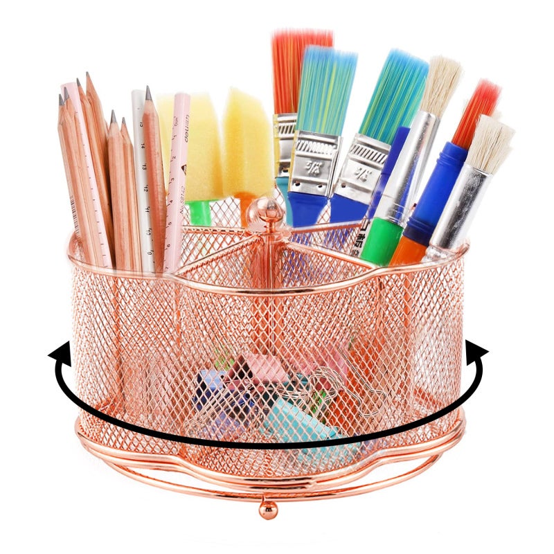 Rotating Pen Holder: 4 Separate Compartments 5 Inch Deep Premium Metal - 360° Rotation Rust-Proof Pencil Organizer for Home Office School Desk - Image 1