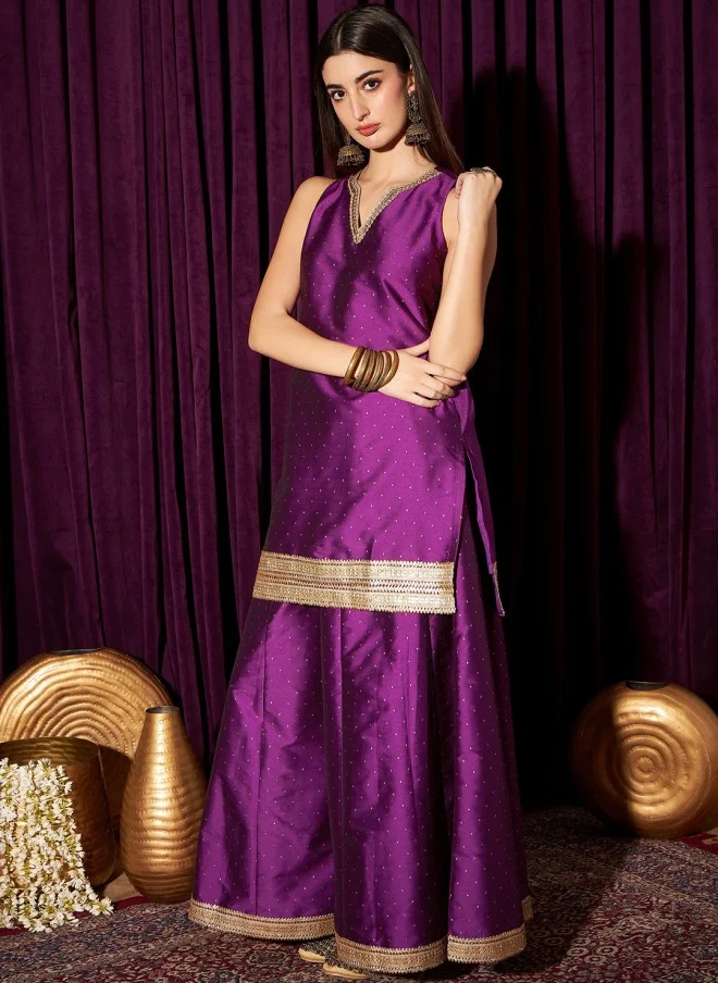 Indo Street Embroidered V-Neck Sleeveless Kurta with Sharara for Women