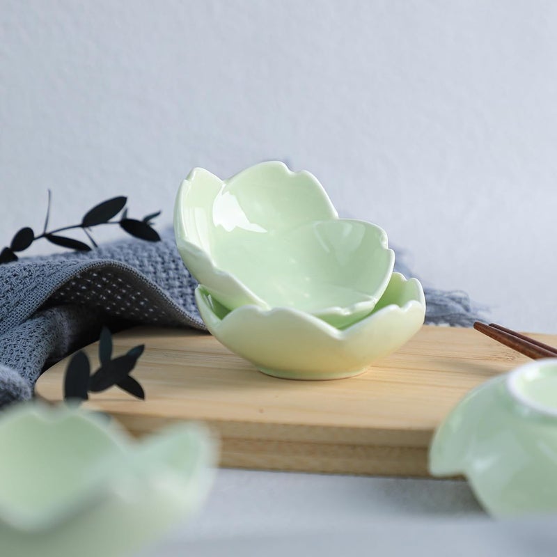 WAIT FLY WAIT FLY Beautiful 3 Inch Sakura Shaped Ceramics Seasoning DishesTea Bag HoldersKetchup SaucerAppetizer PlatesVinegar Spice Salad Soy Sushi Wasabi Seasoning Dipping Bowls Green Set of 4  - Image 3