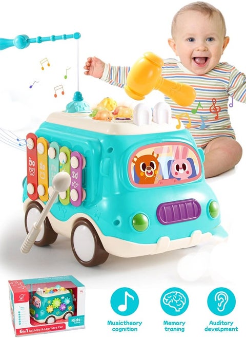 Baby Musical Toys Building Blocks Bus Toy with Sound & Light, with Xylophone/Hammering/Fishing Game & Windmill & Gear Rotation etc Sensory Learning, Educational Musical Learning Instruments Toy Gift for Boys & Girls (Blue)
