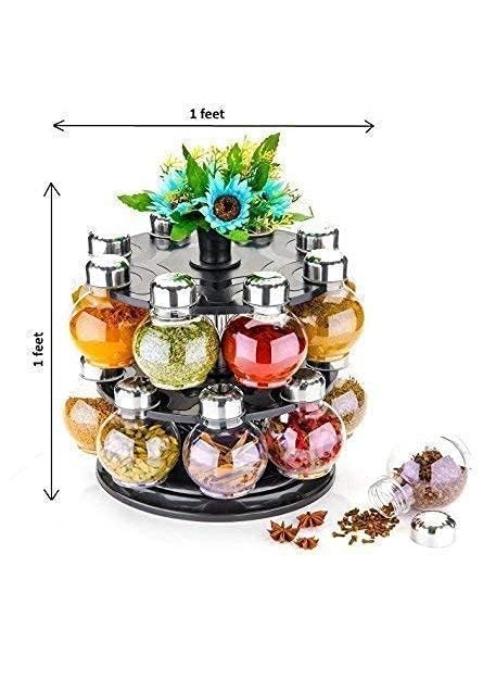 HORPIN - HORPIN Multipurpose Plastic Big Revolving Spice Rack 16 in 1 Masala Rack Set Condiment Set Spice Container Tabletop Jar Bottle Spice Rack Unbreakable Kitchen Shelves Black - Image 1