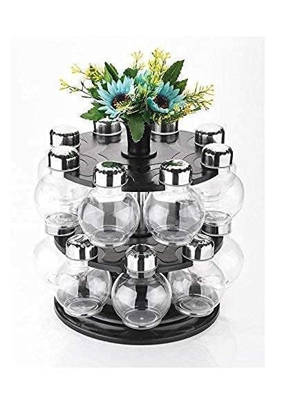 HORPIN - HORPIN Multipurpose Plastic Big Revolving Spice Rack 16 in 1 Masala Rack Set Condiment Set Spice Container Tabletop Jar Bottle Spice Rack Unbreakable Kitchen Shelves Black - Image 1