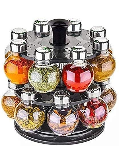 HORPIN - HORPIN Multipurpose Plastic Big Revolving Spice Rack 16 in 1 Masala Rack Set Condiment Set Spice Container Tabletop Jar Bottle Spice Rack Unbreakable Kitchen Shelves Black - Image 1
