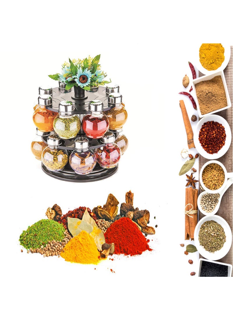 HORPIN - HORPIN Multipurpose Plastic Big Revolving Spice Rack 16 in 1 Masala Rack Set Condiment Set Spice Container Tabletop Jar Bottle Spice Rack Unbreakable Kitchen Shelves Black - Image 1