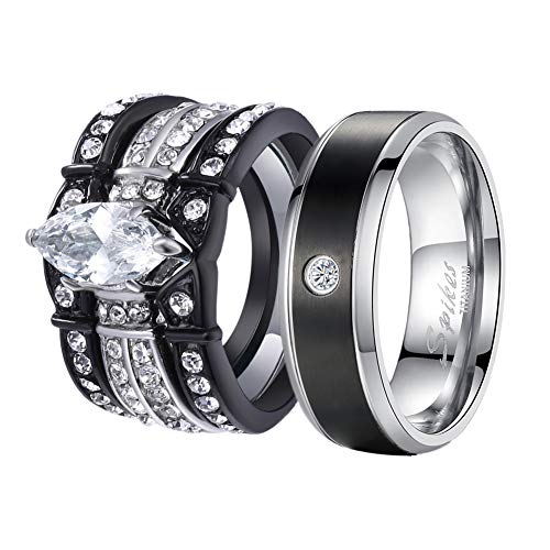 MABELLA His and Hers Wedding Ring Sets Couples Matching Rings Black Women's Stainless Steel Cubic Zirconia Engagement Ring Bridal Sets & Men's Titanium Wedding Band Women's Size 9 Men's Size 10 - Image 1