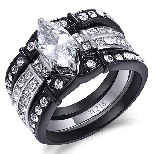 MABELLA His and Hers Wedding Ring Sets Couples Matching Rings Black Women's Stainless Steel Cubic Zirconia Engagement Ring Bridal Sets & Men's Titanium Wedding Band Women's Size 9 Men's Size 10 - Image 2