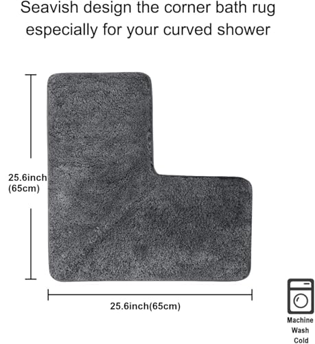 Seavish Shaggy Bathroom Rug, L-Shaped Dark Grey Bath Mat, Non Slip Corner Shower Mat, Water Absorbent Soft Bath Rug, Fluffy Washable Rug Carpet for Square Shower, Tub, Bath Room - Image 5