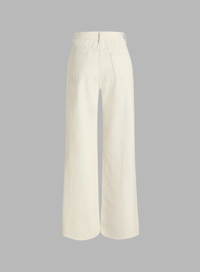 CIDER Women's Ripped Jeans High Waisted Distressed Baggy Straight Wide Leg Pants, Ivory, L - Image 2