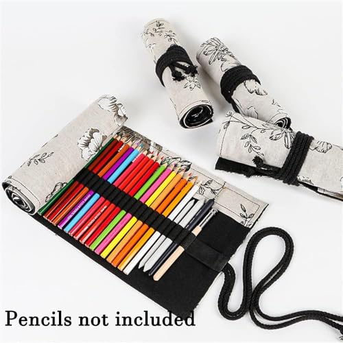 DIYOMR 24/36/72 Slots Pencil Wrap Pencil Rolls, Artist Colored Pencils Roll Up Bag Short Brushes Pouch Case Pencils Organizer for Drawing Coloring and Sketching (Peony Flower, 72slots) - Image 2