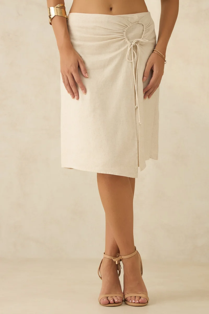 فيرجيو Solid Linen Printed Ruched Wrap Skirt for Women
